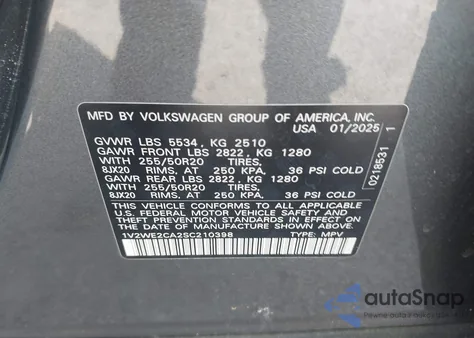 2025 Volkswagen Atlas Cross Sport 2.0T Se W/Technology from USA, damaged, VIN 1V2WE2CA2SC210398